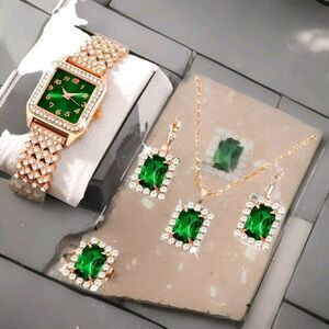 6 Piece Emerald Colored Rhinestone Quartz Watch Set NIB